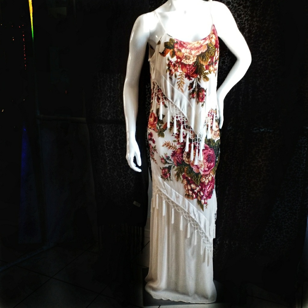Velvet on silk floral gown/w beading vintage L